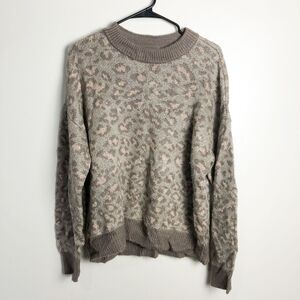 Aerie Cheetah Print Brown Crewneck Pullover Fuzzy Sweater Womens Medium